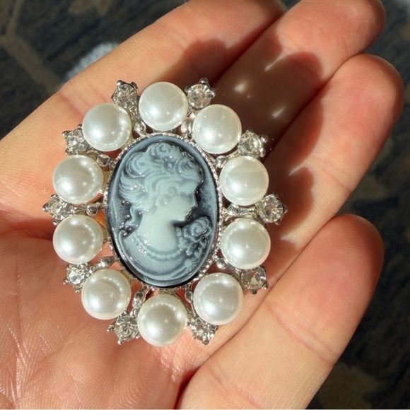 Anthropologie Jewelry - Cameo Pearl Blue Silver Brooch